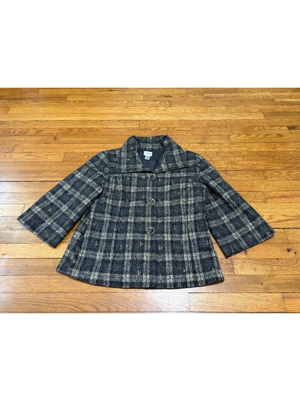 Chico's Womens Jacket Sz 2 (12) Black Tan Plaid 3/4 Sleeve Lightweight Metallic